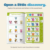 Open Spanish sound book showing its animal matching page and colourful alphabet page.