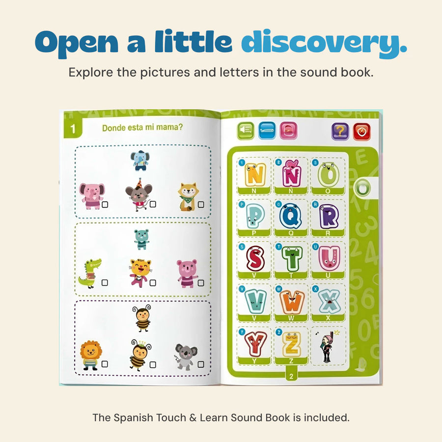 Open Spanish sound book showing its animal matching page and colourful alphabet page.