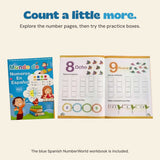 Blue Spanish number workbook cover beside its open pages showing eight and nine with practice boxes.