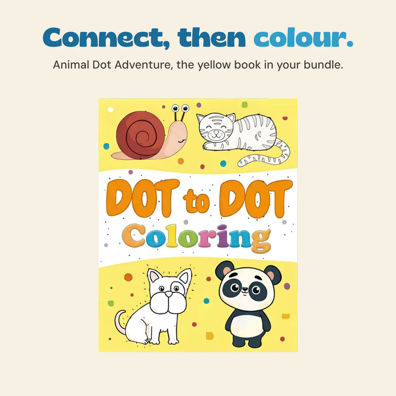The yellow Animal Dot Adventure book cover shows a snail, sleeping cat, dog and panda.