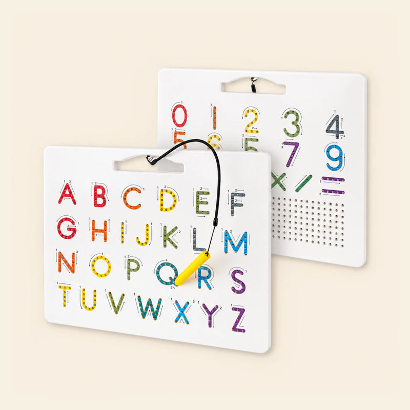 ABCs on One Side, 123s on the Other shown on a calm warm beige background.