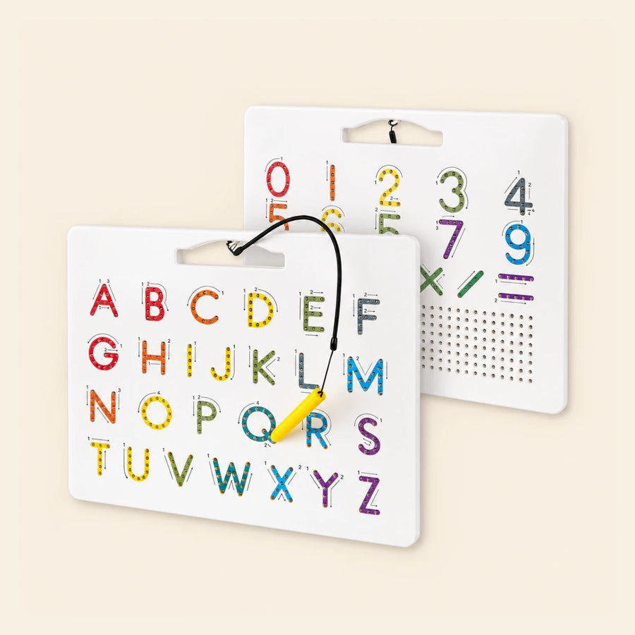 ABCs on One Side, 123s on the Other shown on a calm warm beige background.