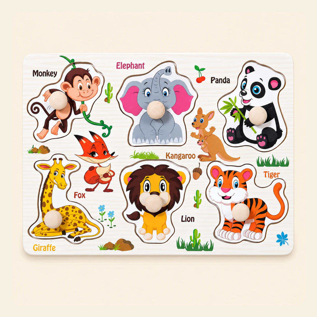 Animal Friends Board shown on a calm warm beige background.
