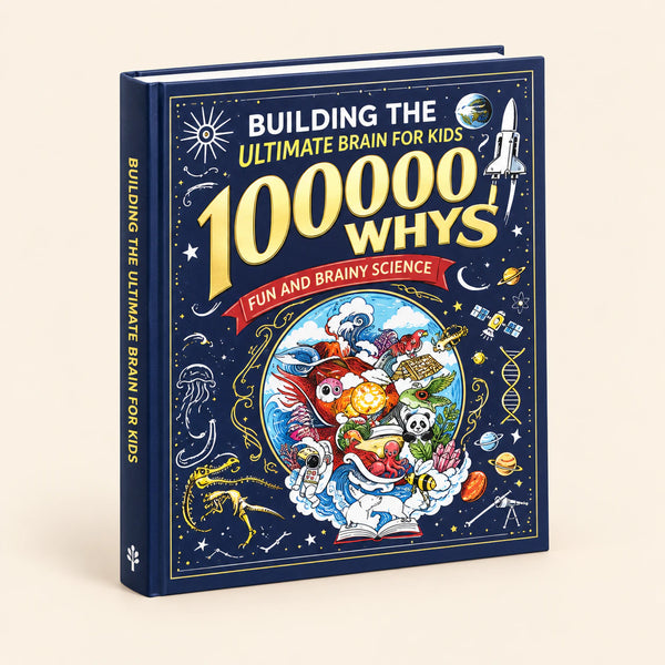 Navy 100,000 Whys Wonder Book showing its illustrated cover and spine against a softly lit beige studio background.