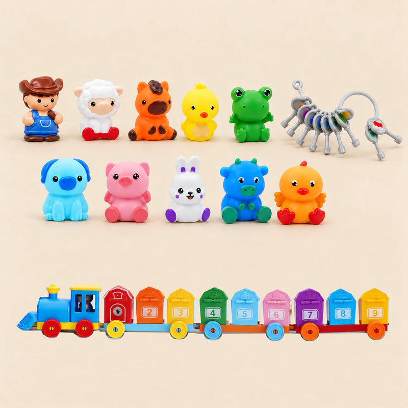 Animal train set with a blue locomotive, nine numbered barn compartments on three long carriage bases, ten figures and a ring of keys, on a warm beige background.