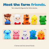 The ten included figures: farmer, sheep, horse, chick, frog, dog, pig, rabbit, cow and duck.