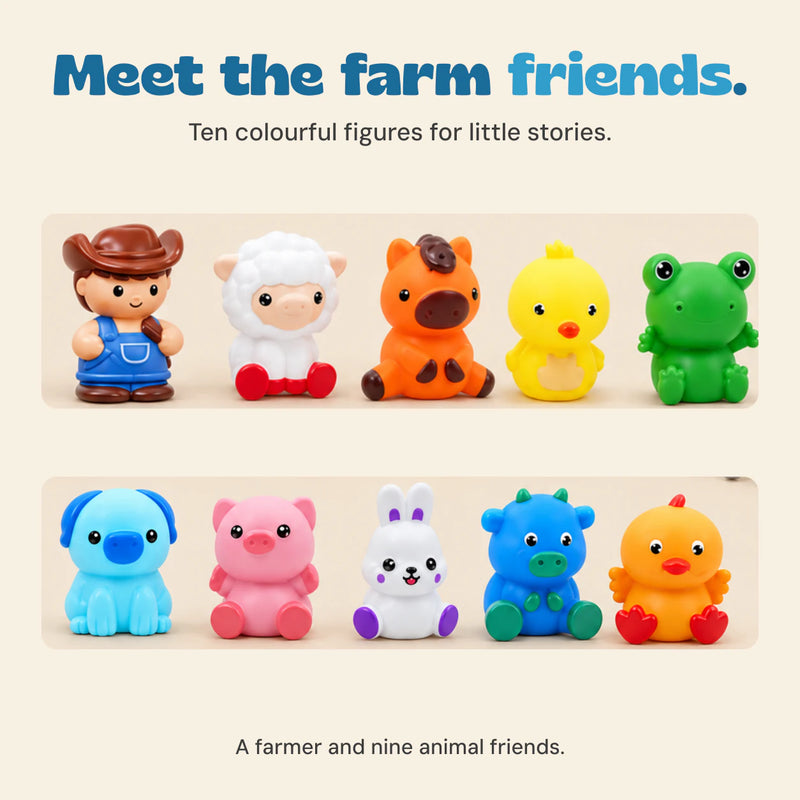 The ten included figures: farmer, sheep, horse, chick, frog, dog, pig, rabbit, cow and duck.