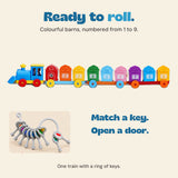 Original train detail showing all nine numbered barn compartments on three long carriage bases, with the matching ring of keys shown below.