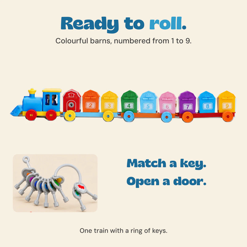 Original train detail showing all nine numbered barn compartments on three long carriage bases, with the matching ring of keys shown below.