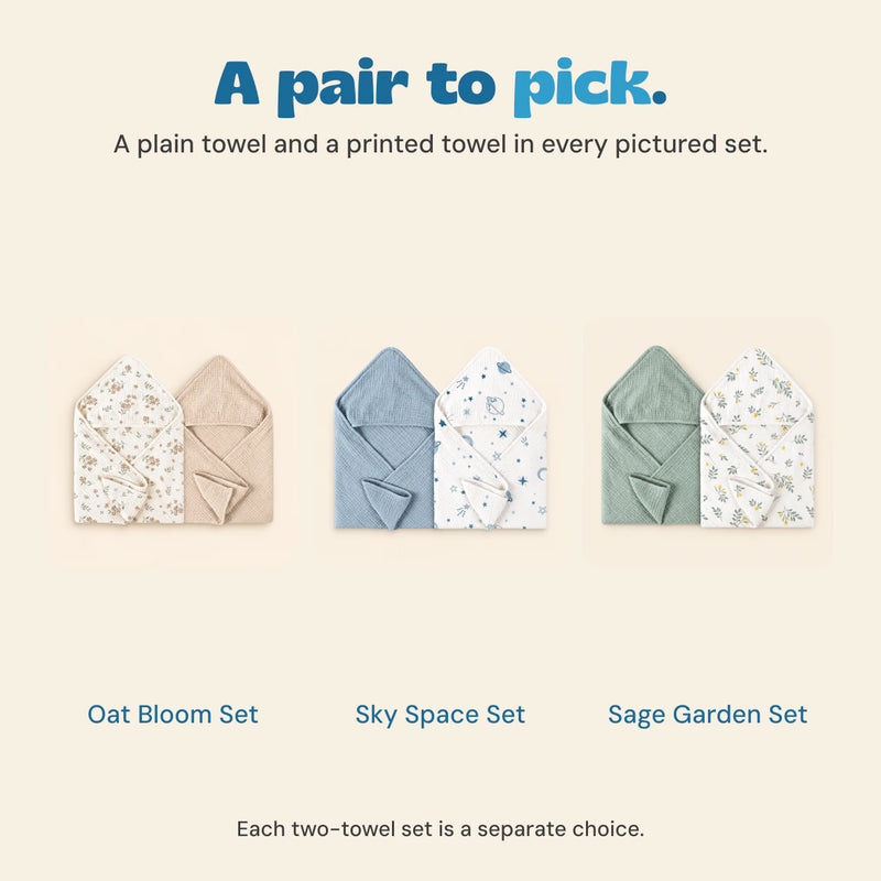Oat Bloom, Sky Space and Sage Garden two-towel sets displayed as separate choices.