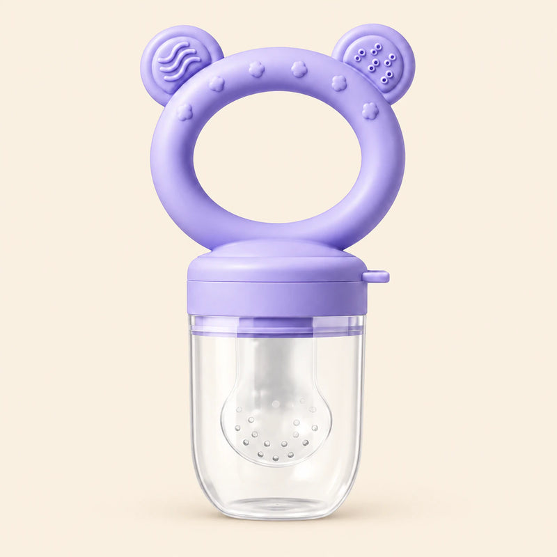 Lavender Feeder showing the ring-handled feeder, clear cover on warm beige.