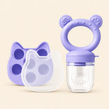 Lavender Feeder + Freezer Tray showing the ring-handled feeder, clear cover, matching cat-shaped tray and clear lid on warm beige.