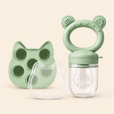 Sage Feeder + Freezer Tray showing the ring-handled feeder, clear cover, matching cat-shaped tray and clear lid on warm beige.