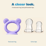 Close views of the lavender feeder textured ring and its two extra perforated tips.