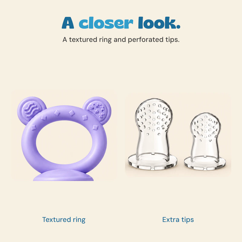 Close views of the lavender feeder textured ring and its two extra perforated tips.