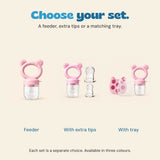 Blush feeder alone, with extra tips, or with a cat-shaped tray and clear lid, shown as separate choices.