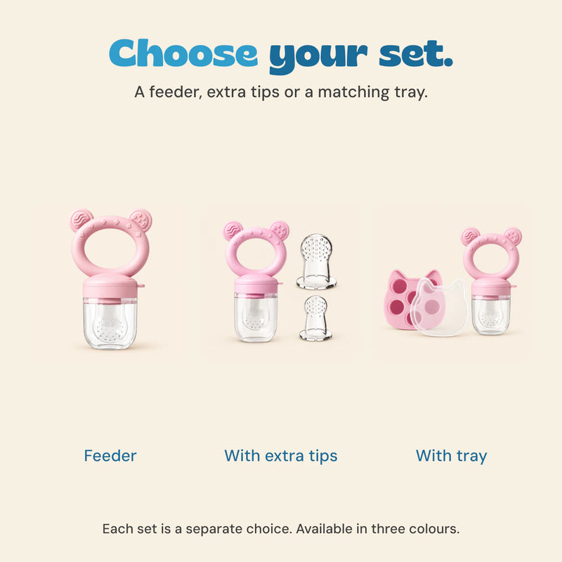 Blush feeder alone, with extra tips, or with a cat-shaped tray and clear lid, shown as separate choices.