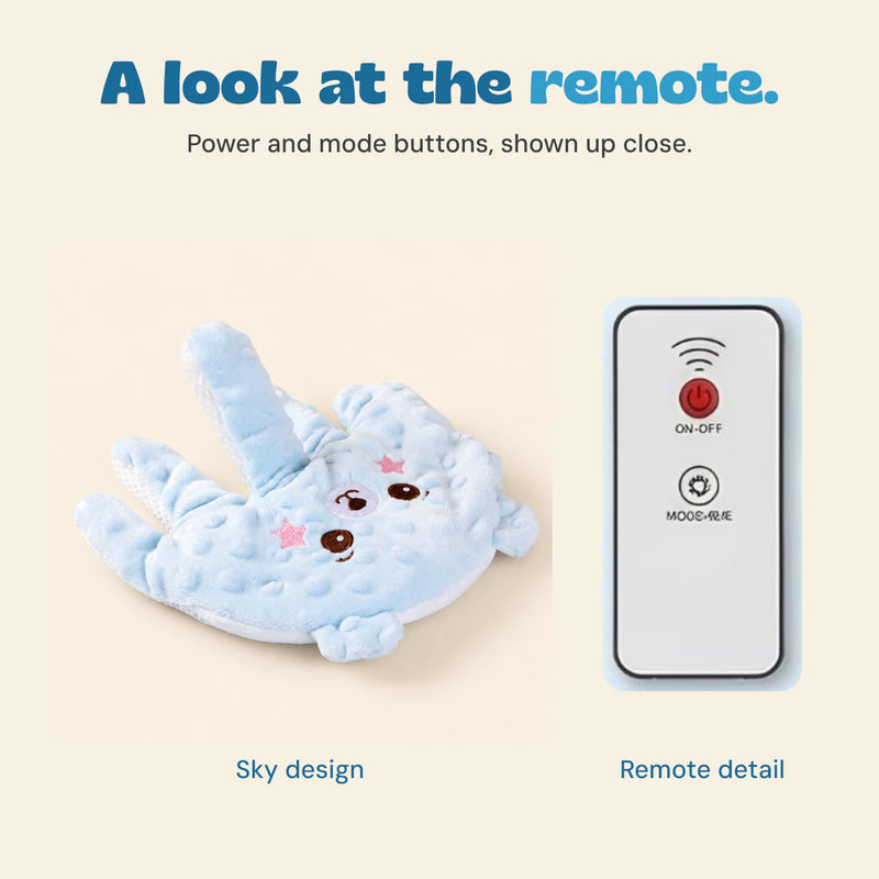 Sky blue plush pillow beside an unchanged close-up of the power and mode remote shown in the current source photo.