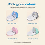 Sky blue, grey, pink and mint tents shown as four separate colour choices.
