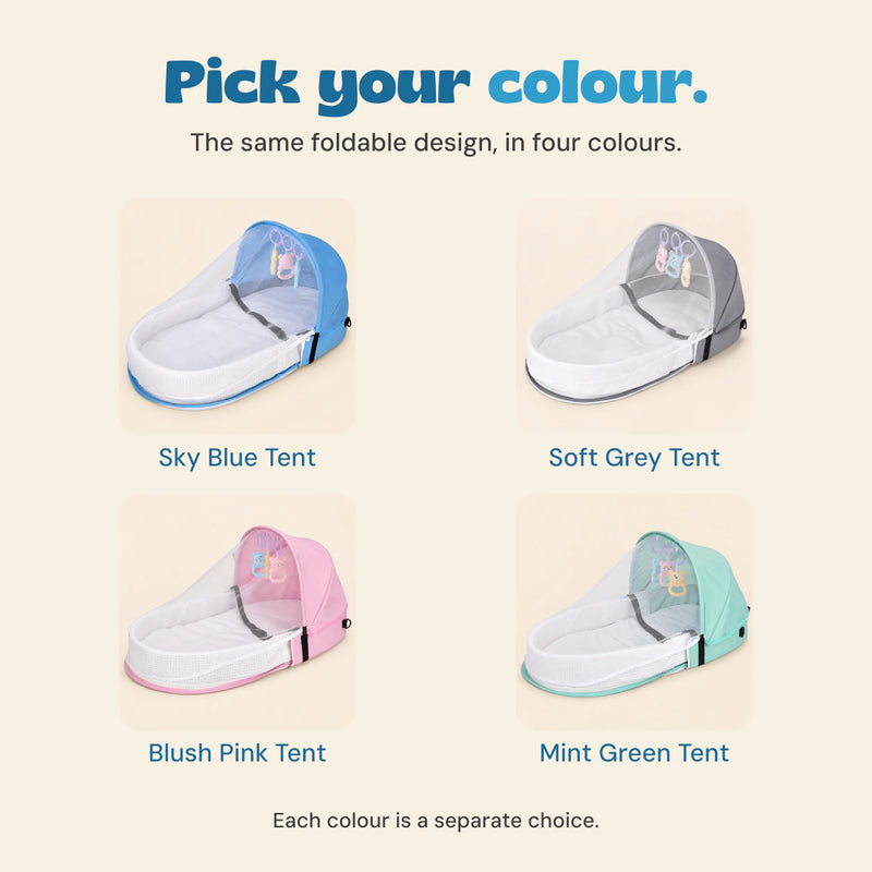 Sky blue, grey, pink and mint tents shown as four separate colour choices.