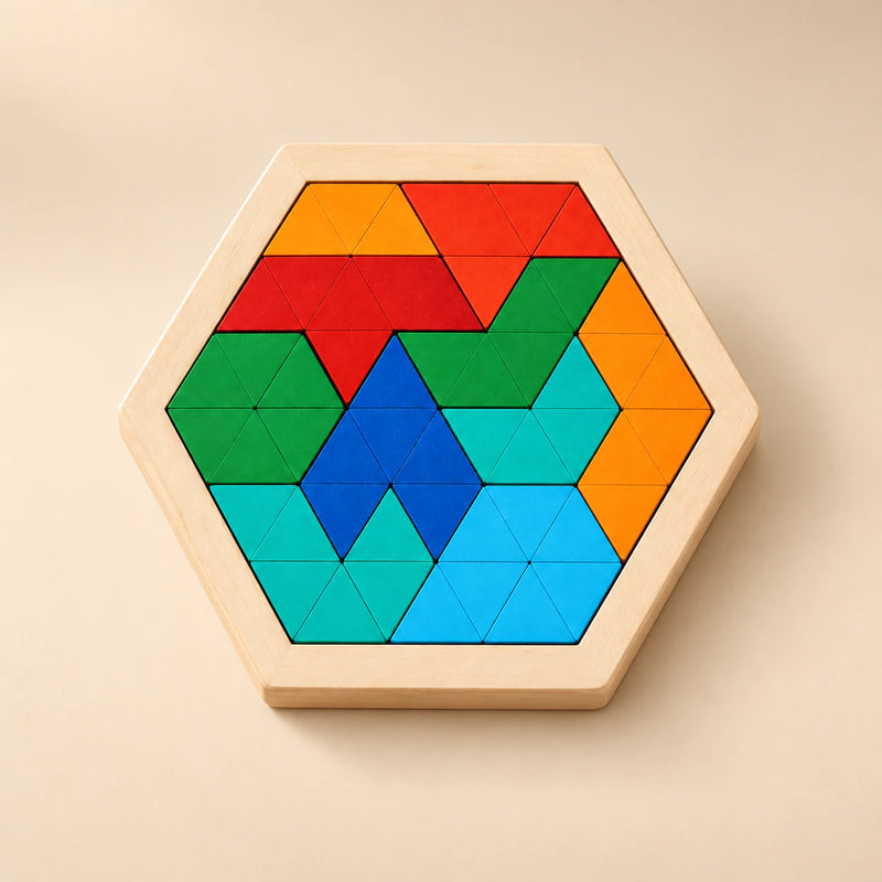 A hexagonal wooden puzzle filled with red, orange, green and blue triangular pieces in warm daylight.