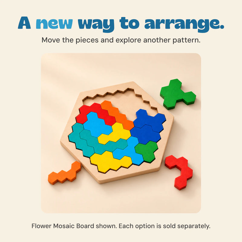 Partly arranged Flower Mosaic Board with three loose green, orange and red grouped pieces beside the wooden tray.