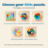 Five separate puzzle choices: Dino Adventure Board, Rainbow Hexa Blocks, Classic Hexa Puzzle, Pastel Shape Board and Flower Mosaic Board.
