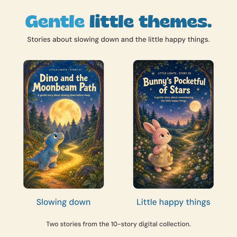 Original Dino and Bunny story covers highlighting slowing down and remembering little happy things.