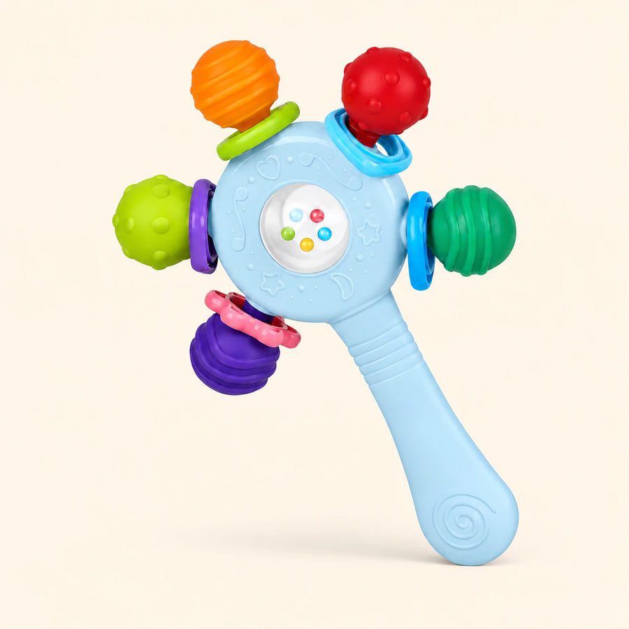 Sky Blue Rattle with five colourful textured ends and a long handle, alone on warm beige.
