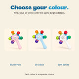 Blush Pink, Sky Blue and Soft White rattles shown as separate colour choices.