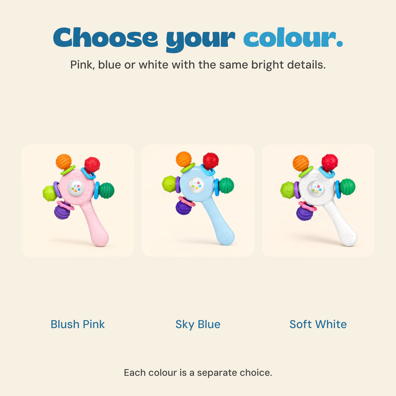 Blush Pink, Sky Blue and Soft White rattles shown as separate colour choices.