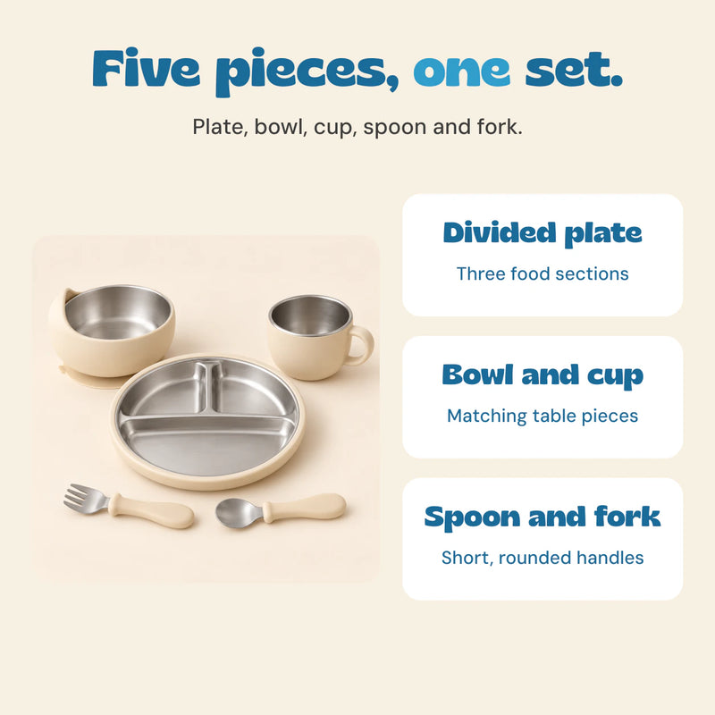The five matching Oat pieces with labels for the divided plate, bowl and cup, and spoon and fork.
