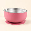 Rose Bear Bowl with a stainless steel interior and round suction base, shown empty on warm beige.