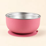 Rose Bear Bowl with a stainless steel interior and round suction base, shown empty on warm beige.