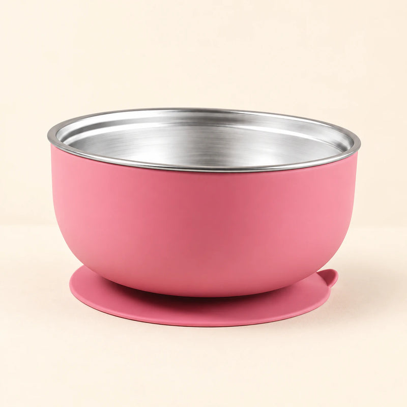 Rose Bear Bowl with a stainless steel interior and round suction base, shown empty on warm beige.