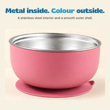 Close view of the rose bowl stainless steel rim and inner surface, coloured outer shell and round base.