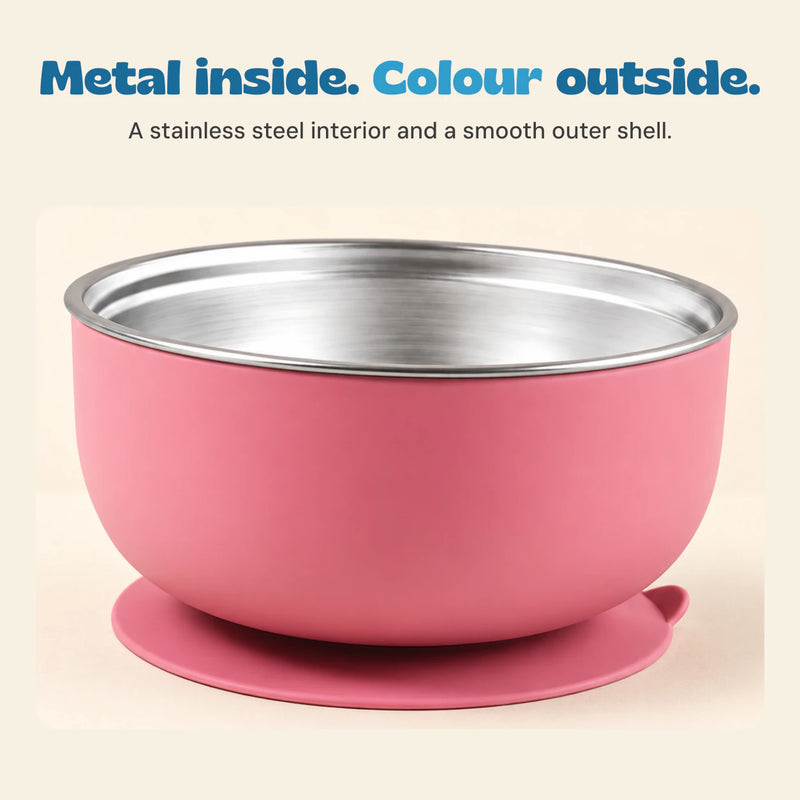 Close view of the rose bowl stainless steel rim and inner surface, coloured outer shell and round base.