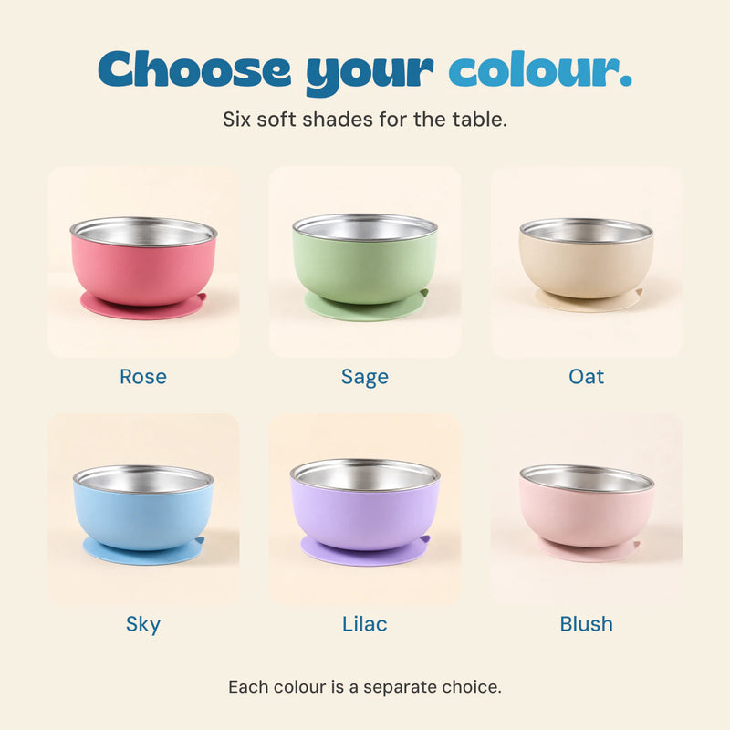 Rose, sage, oat, sky, lilac and blush bowls shown as six separate colour choices.
