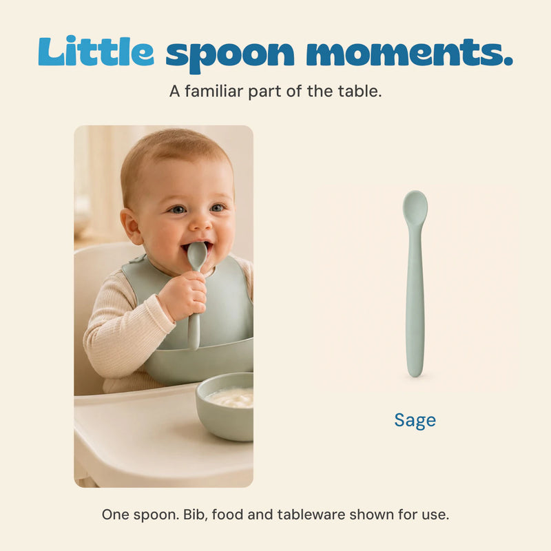 Existing photograph of a child holding the sage spoon at mealtime, beside a full view of the same colour.