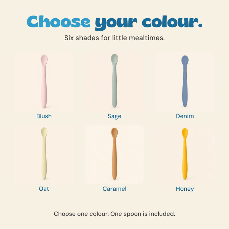 Six individual spoon colour choices: Blush, Sage, Denim, Oat, Caramel and Honey. One spoon is included.