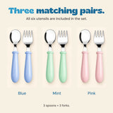 All included utensils grouped into blue, mint and pink spoon-and-fork pairs.