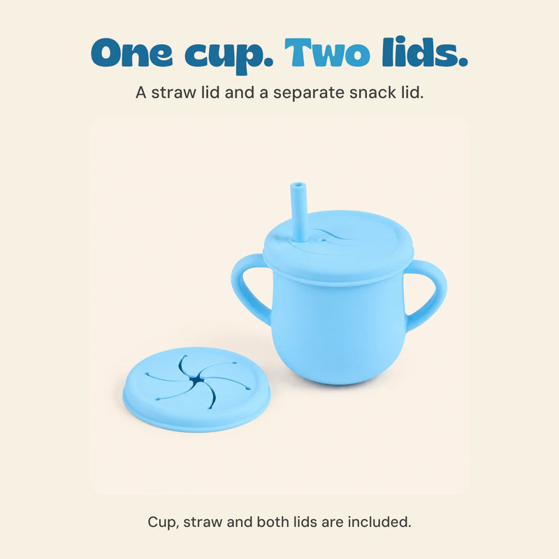 Aqua blue cup with its fitted straw lid and separate swirl-cut snack lid. The cup, straw and both lids are included.