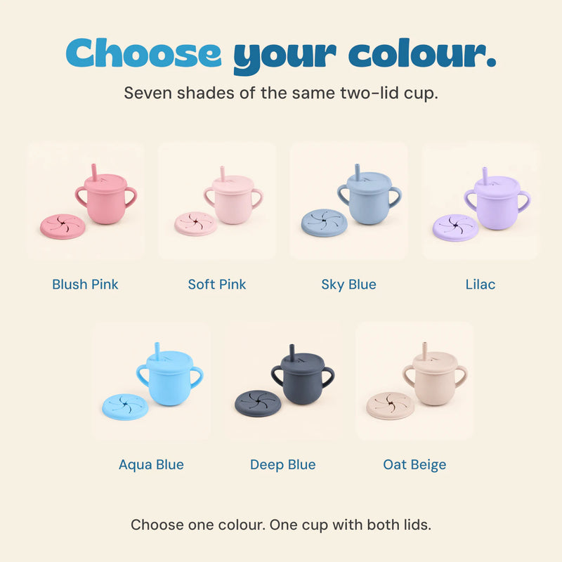 Seven separate colour options for the silicone cup. Each option includes one cup, straw and both lids.