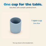 Single grey blue silicone cup with an inclusion label stating one open cup.