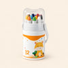 12-Piece Crayon Set in its illustrated carrying tub with clear lid and white strap on a warm beige background.