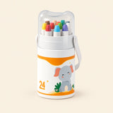 24-Piece Crayon Set in its illustrated carrying tub with clear lid and white strap on a warm beige background.