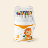 36-Piece Crayon Set in its illustrated carrying tub with clear lid and white strap on a warm beige background.