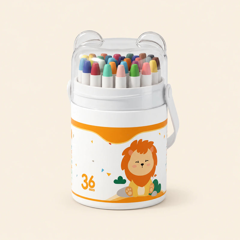 36-Piece Crayon Set in its illustrated carrying tub with clear lid and white strap on a warm beige background.
