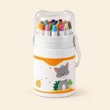 48-Piece Crayon Set in its illustrated carrying tub with clear lid and white strap on a warm beige background.