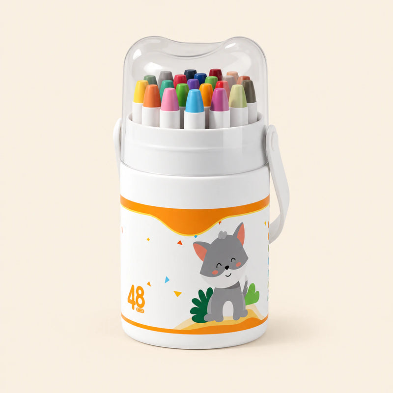 48-Piece Crayon Set in its illustrated carrying tub with clear lid and white strap on a warm beige background.